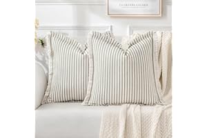 MIULEE Pack of 2 Olive Green Throw Pillow Covers Striped Farmhouse Couch Cushion Covers with Fringe Linen Decorative Accent P
