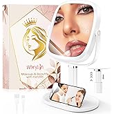 Horyliin Makeup Mirror with Lights - 10x/1x Magnifying Mirror with Light, Rechargeable Desk Mirror with 3-Color Lighting & Memory Function, 360° Adjustable Table Mirror, Gift for Women (White)