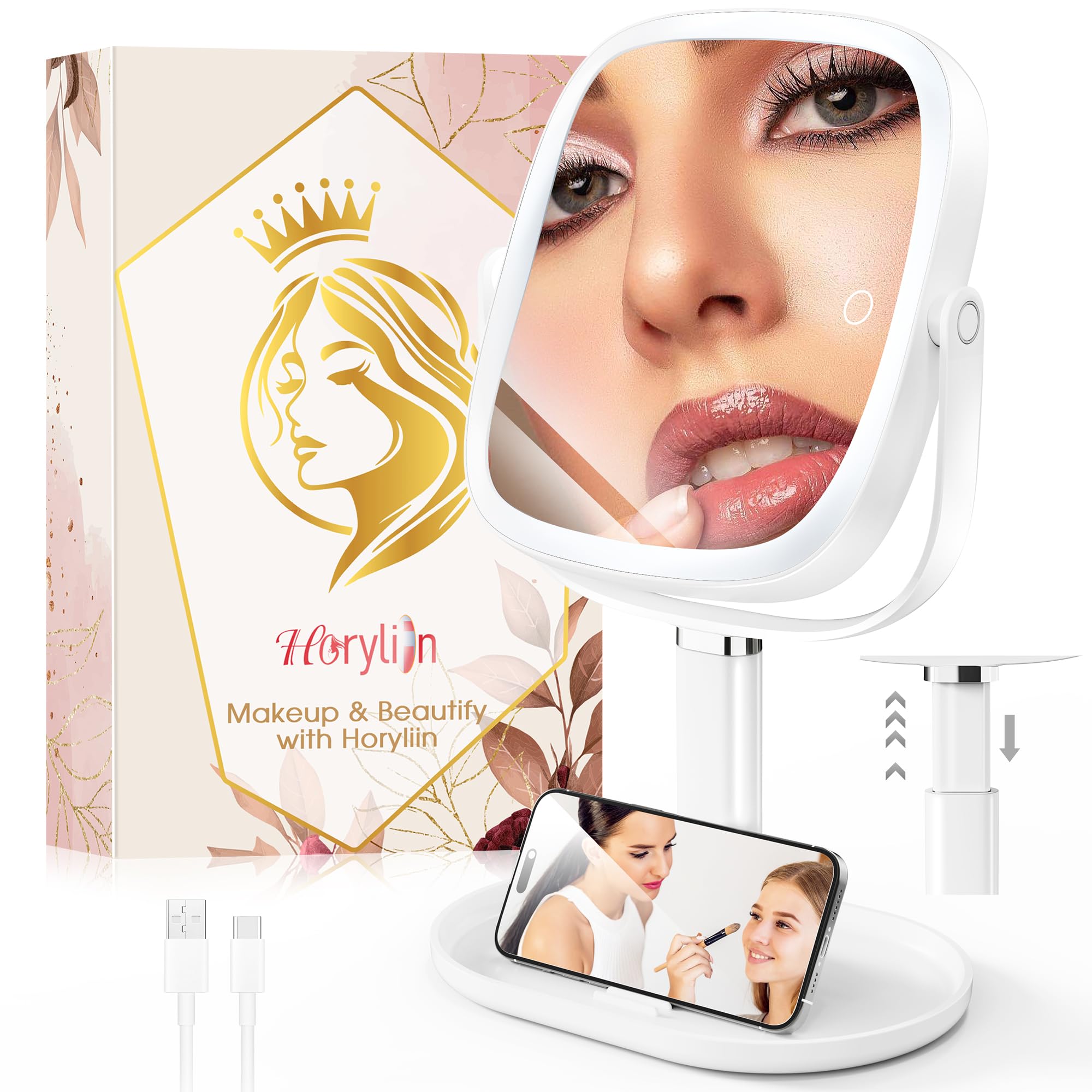 Photo 1 of Horyliin Makeup Mirror with Lights - 10x/1x Magnifying Mirror with Light, Rechargeable Desk Mirror with 3-Color Lighting & Memory Function, 360° Adjustable Table Mirror, Gift for Women (White)