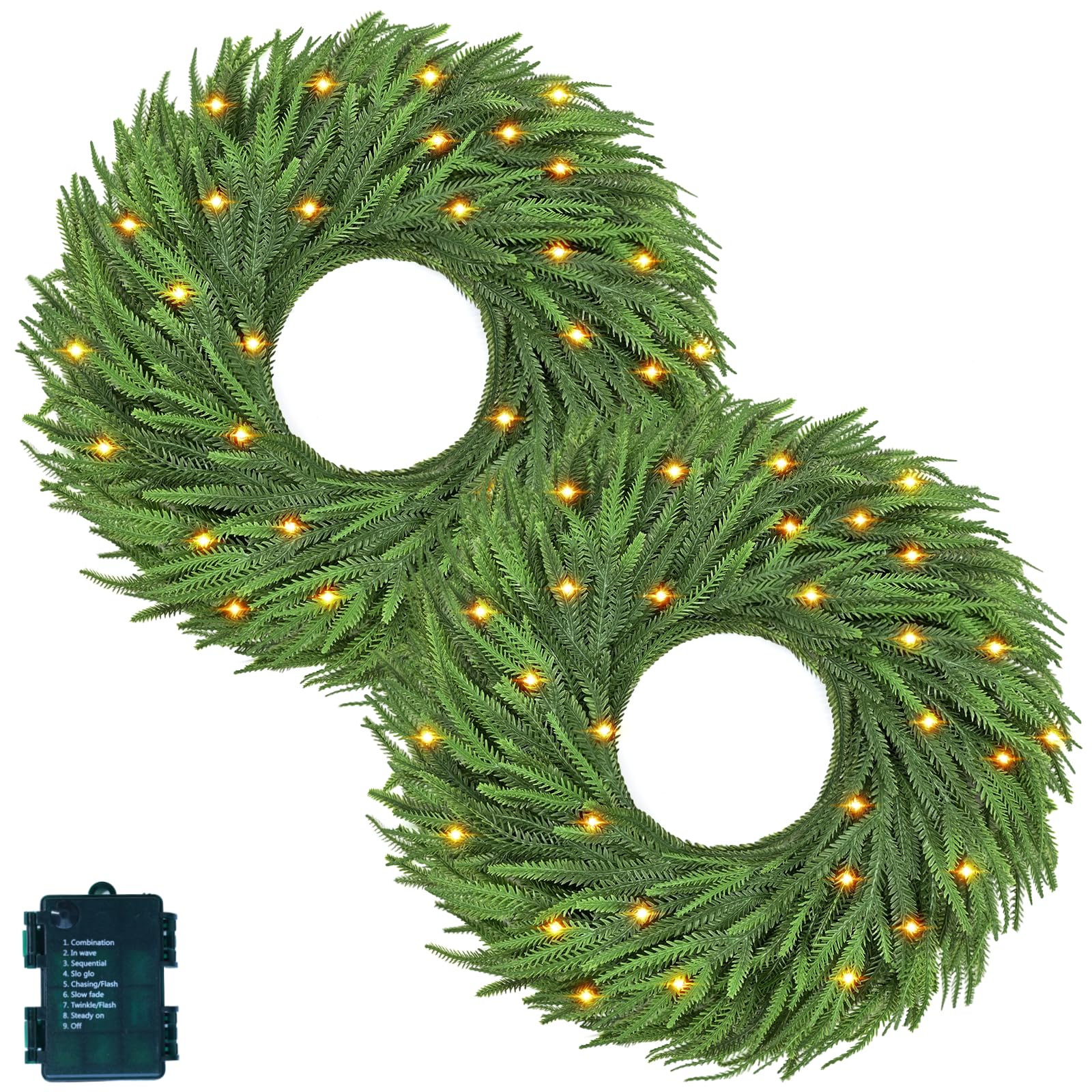 Photo 1 of 24 Inch Christmas Wreath with Lights Real Touch Norfolk Pine Wreath Artificial Christmas Wreaths for Outdoor Christmas Wreaths for Front Door Indoor Windows Wall Xmas Thanksgiving Decorations (2 PCS)