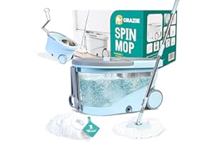 GRAZIE Spin Mop and Bucket Set Cleaning System Wringer 360 Microfiber Mop with Stainless Steel Handle Self Wringing Bucket with Wheels and Drain for Tile Hardwood Laminate Floors Includes 2 Mop Head Refills