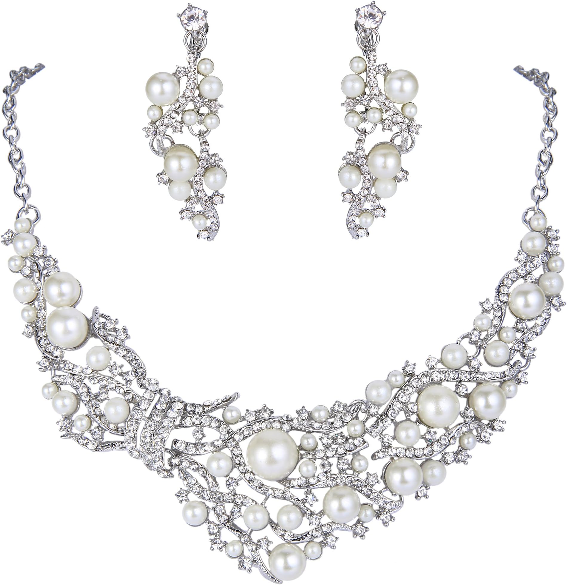 Crystal Simulated Pearl Bridal Floral Vine Necklac Earrings Set Clear Silver-Tone