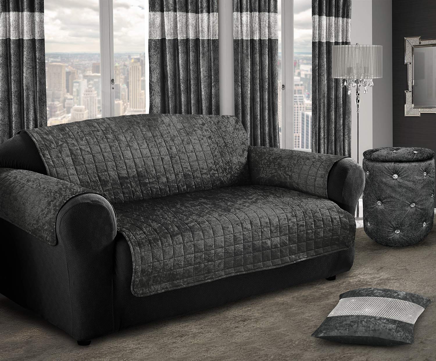 Luxury Premium Crushed Velvet Plain Quilted Sofa Protector Cover