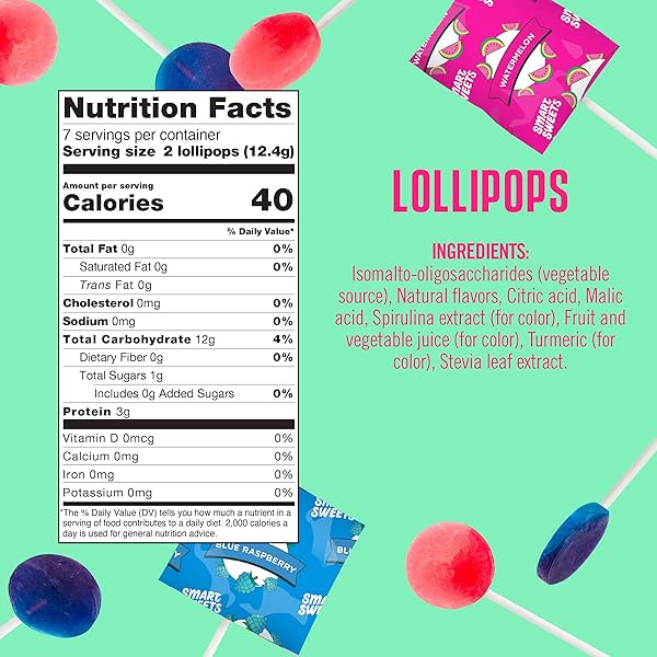 SMART SWEETS, BLUE RASPBERRY WATERMELON LOLLIPOPS MULTIPACK, 3 OUNCE