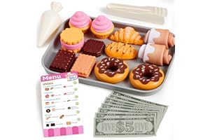 LALALARK Cookie Play Food Set, Toddler Pretend Toys, 17 PCS Kitchen Toy Food Sets with Plastic Cookies, Baking Menu, Bakery Tray, and Play Money for Boys and Girls, Birthday Gift for Kids