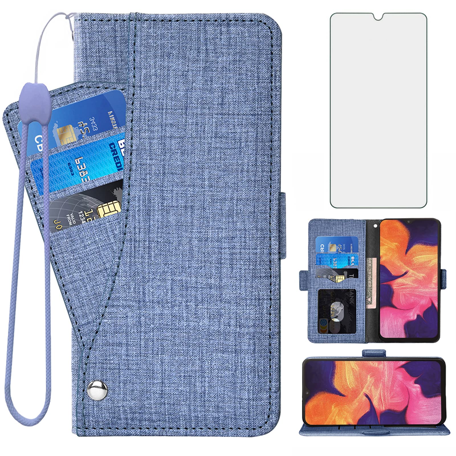 Asuwish Compatible with Samsung Galaxy A10 Wallet Case Tempered Glass Screen Protector and Flip Cover Card Holder Cell Accessories Phone Cases for Glaxay A 10 Gaxaly 10A SM A105M 6.2 Women Men Blue