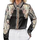 LAI MENG FIVE CATS Women's Silk Satin Shirt Floral Print Long Sleeve Button Down Casual Blouse Top