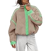 LAMISSCHE Zip up Fleece Jacket Women Oversized Mock Neck Sherpa Sweatshirt Striped Long Sleeve Pullover with Pockets