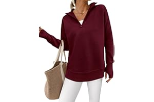 PRETTYGARDEN Womens Long Sleeve Quarter Zip Pullover Sweater Casual Loose V Neck Collared Ribbed Knit Jumper Tops Thumb Hole