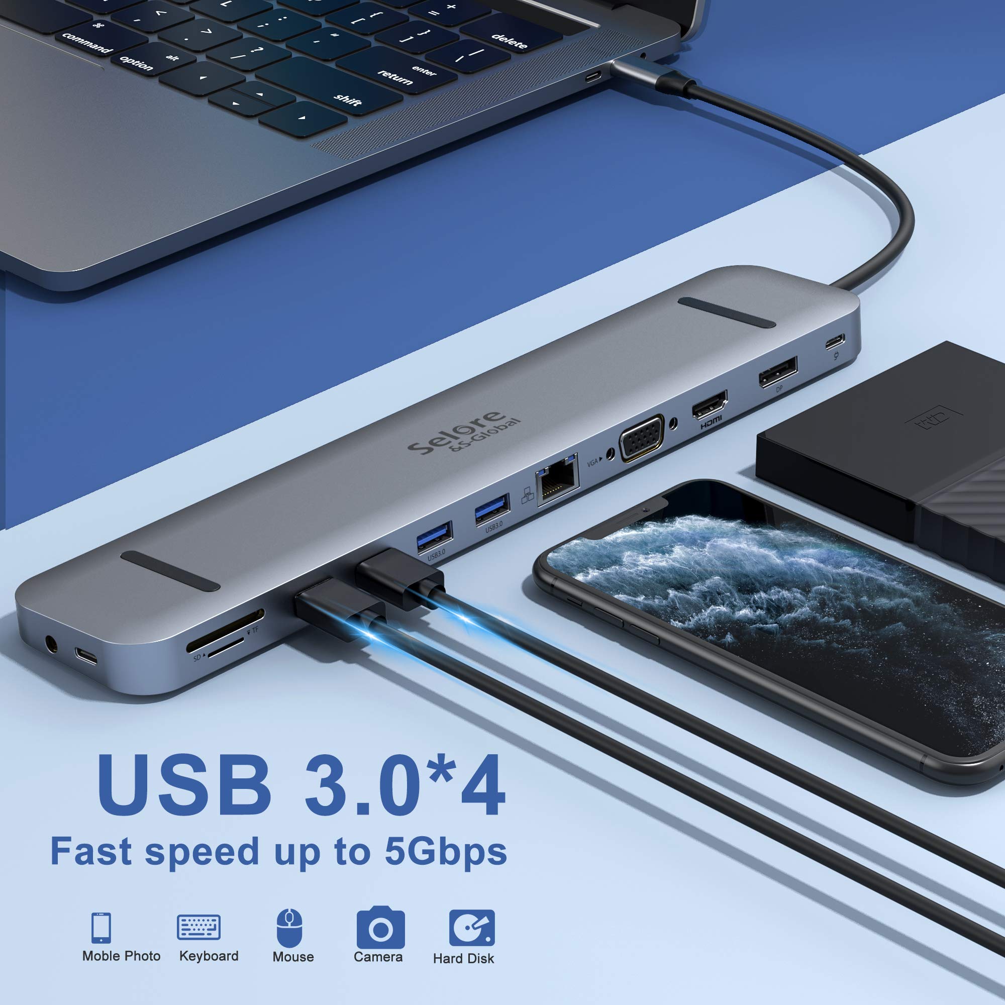 USB C Laptop Docking Station,13 in 1 Docking Station Triple Monitor with 4K HDMI,4K DP,VGA,Ethernet,4 USB,SD/TF,USB-C Port,Audio/Mic,USB C Hub Multiport Adapter for MacBook/Dell/HP/Lenovo/Surface…