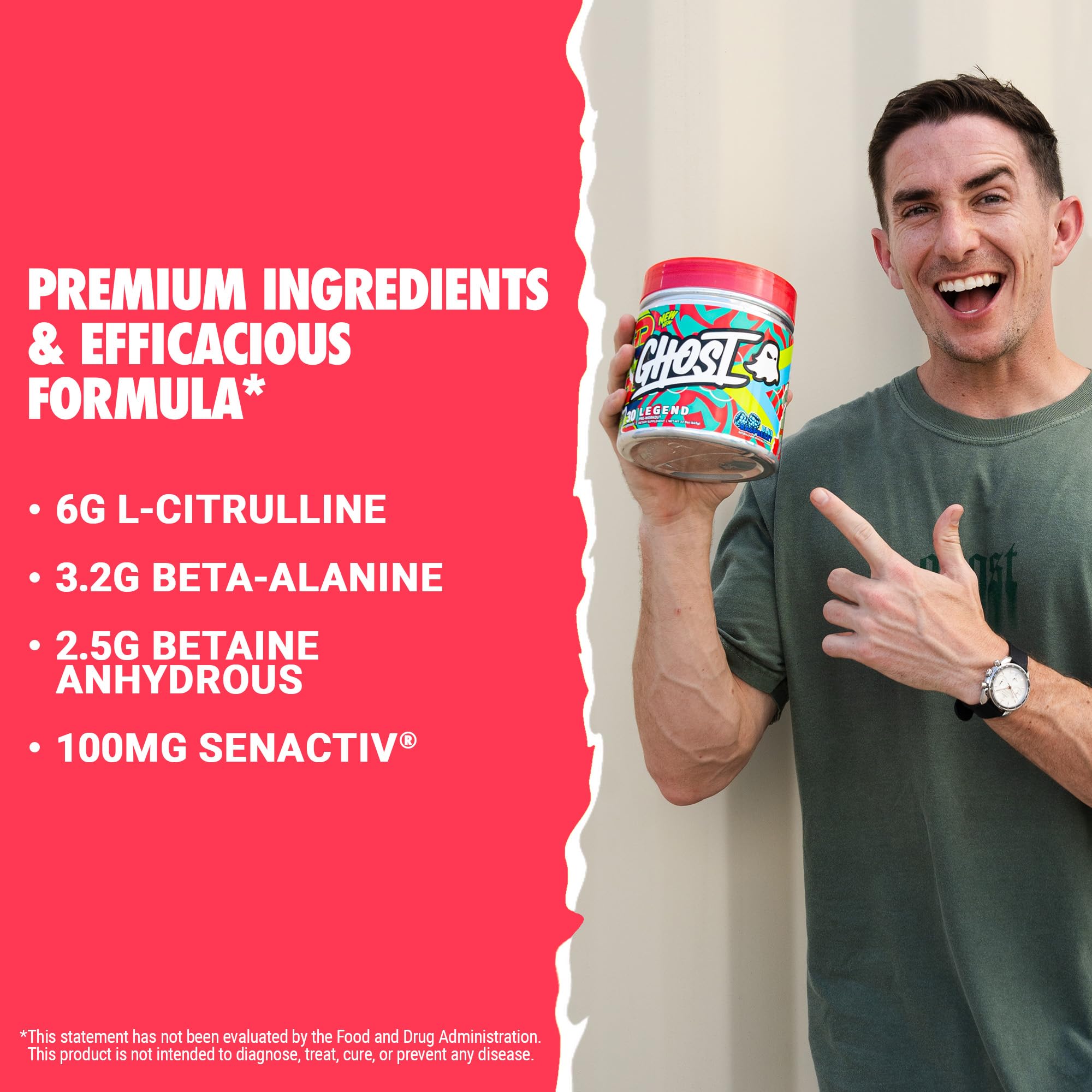 GHOST Legend Pre-Workout Powder, Blue Raspberry - 30 Servings – Pre-Workout for Men & Women with Choline, L-Citrulline, & Beta Alanine for Energy & Focus