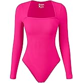 OQQ Women's Bodysuits Sexy Ribbed Square Neck Long Sleeve Tummy Control Casual Fall Bodysuits