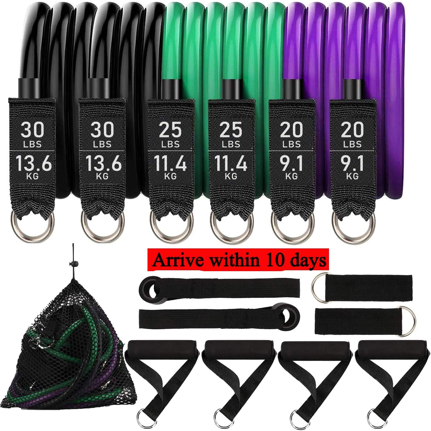 Elevtab Resistance Bands, 16 Pieces Portable Exercise Bands Set, 20lbs to 30lbs Resistance Tubes with Handles, Door Anchors, Ankle Straps, Carrying Bag for Home, Travel Arrive Within 10 Days