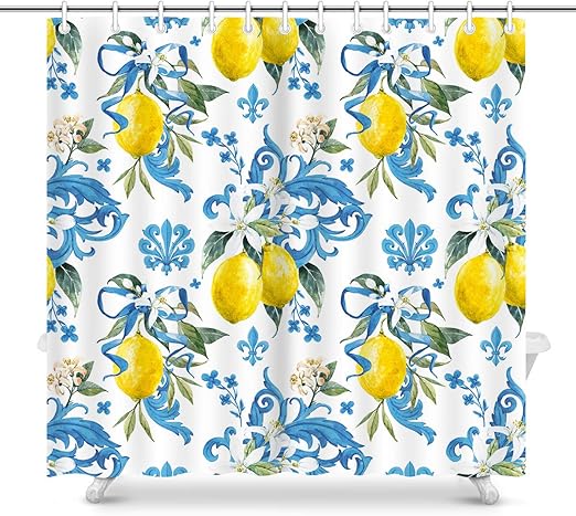 Amazon Com Shower Curtain For Bathroom Decor Blue Ornament Floral Pattern Lemon Fruits Flowers Leaves Elegant Exotic Watercolor Pattern In Sicilian Style Shower Curtains With Hooks Waterproof Fabric 72x78 Inch Home Kitchen