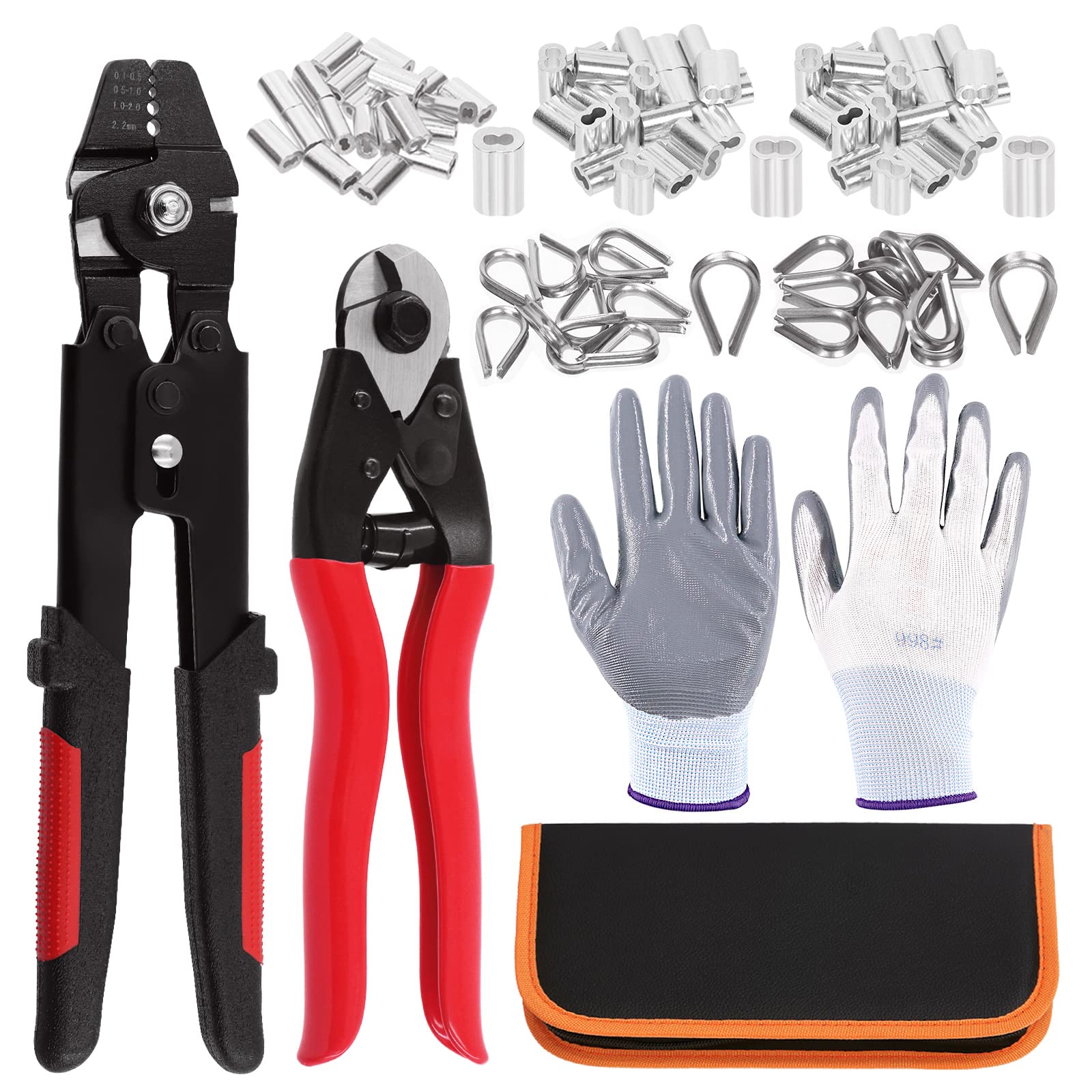 Swpeet 83Pcs Wire Rope Crimping Tool Set, Cable Crimps Up to 2.2mm and Cable Cutter Up to 5/32", 3 Size Aluminum Double Crimping Loop Sleeve, 2 Size Stainless Steel Thimble and Cut Resistant Gloves