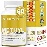 Nutrawave HIGH POTENCY 1000mcg MethylFolate (5-MTHF) Capsules, Cardiovascular Support Supplement, Supports Early Fetal Develo
