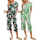 Ekouaer 2 Pack: Women's Pajamas Set Short Sleeve Sleepwear Capri Pants Pjs Soft Loungewear with Pockets