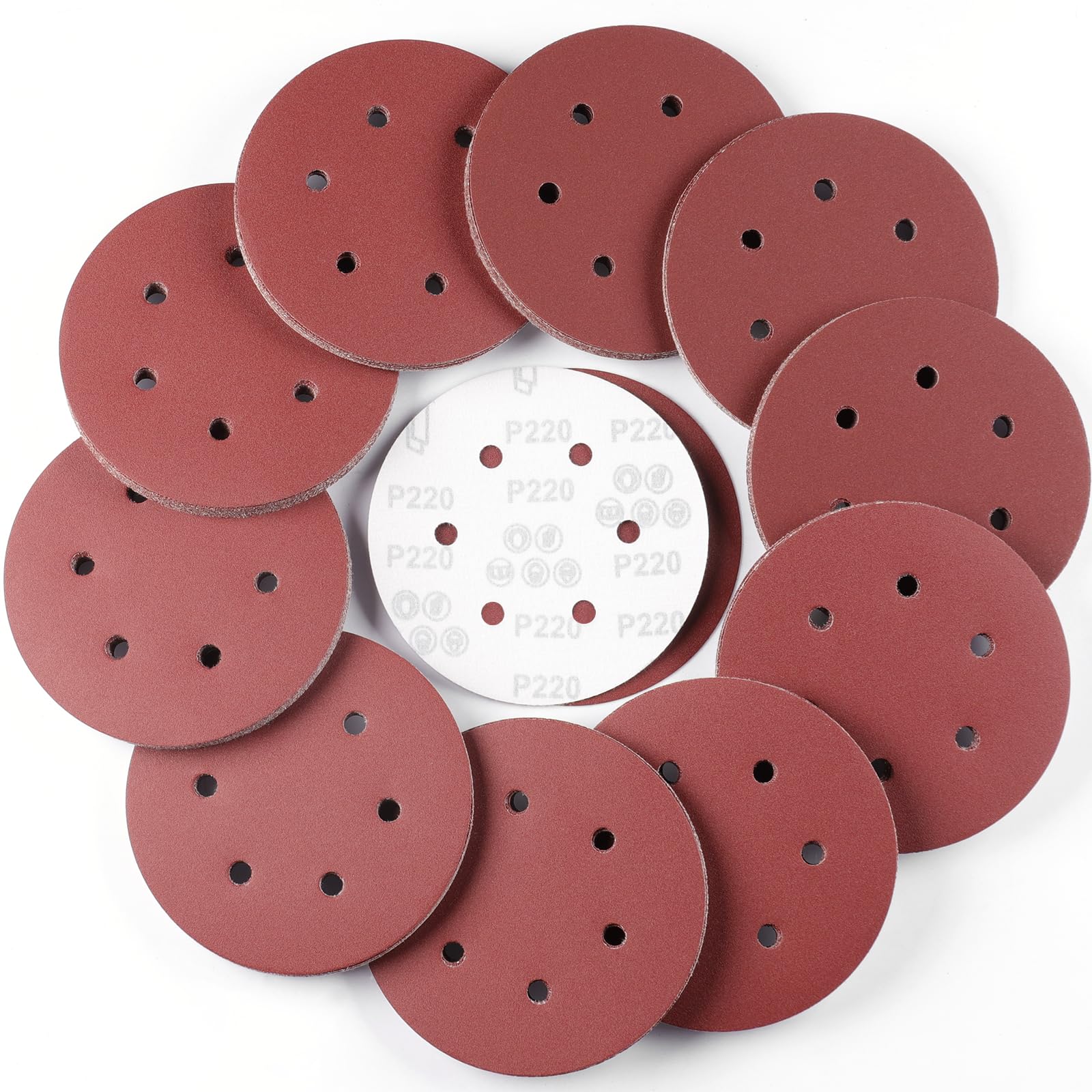 Sruhrak 100 Pcs Sanding Discs, 150mm Sanding Pads Set Hook and Loop 220 Grits Sandpaper for Random Orbital Sander — image 1