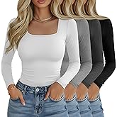 Riyiper 4 Pack Women's Square Neck Long Sleeve Tops Going Out Slim Fit Shirts Tight Layer Basic Tee 2026 Winter