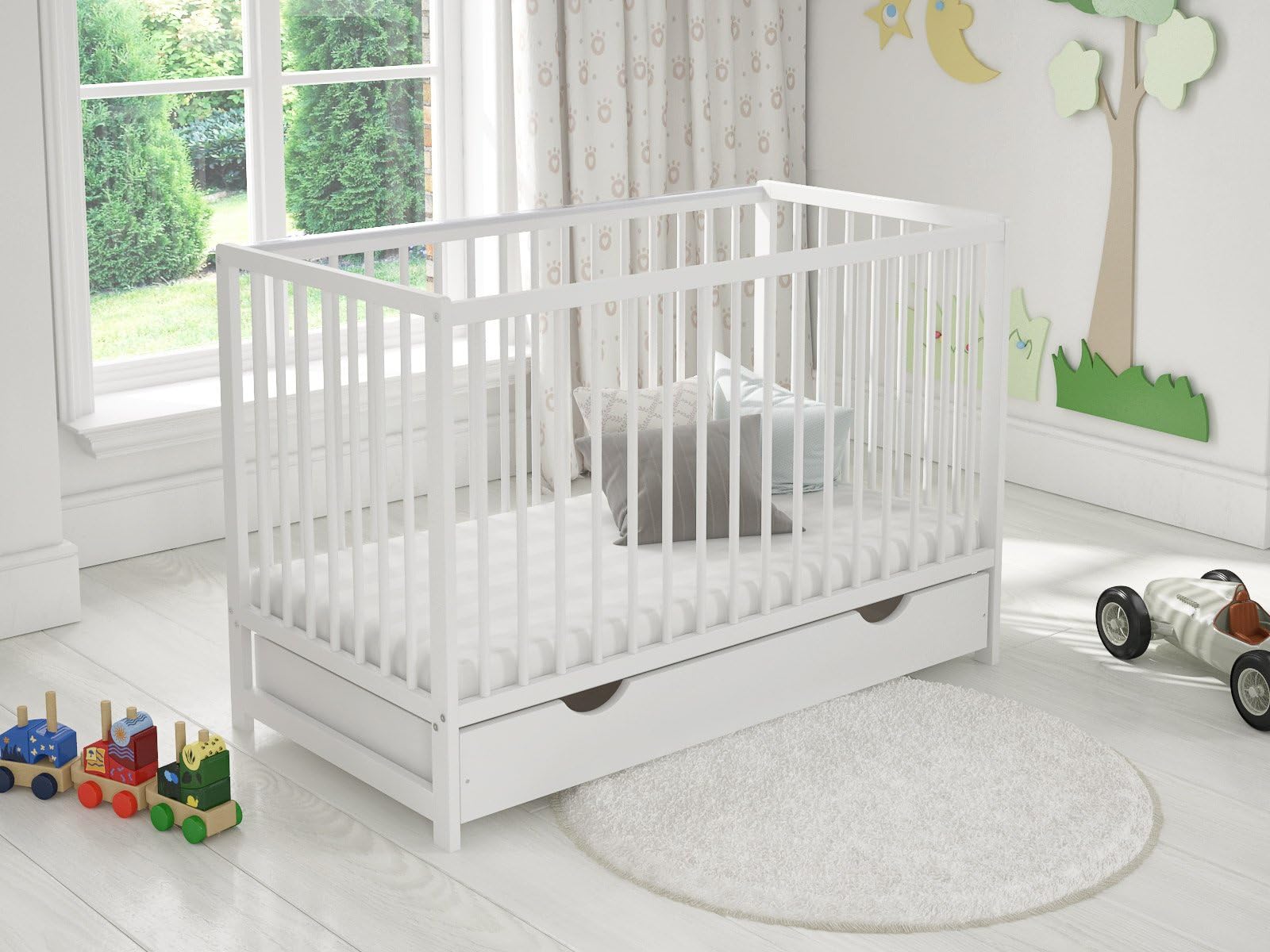 White Classic Wooden Baby Cot Bed with Drawer + Foam Mattress + Wooden Safety Barrier + Teething Rails