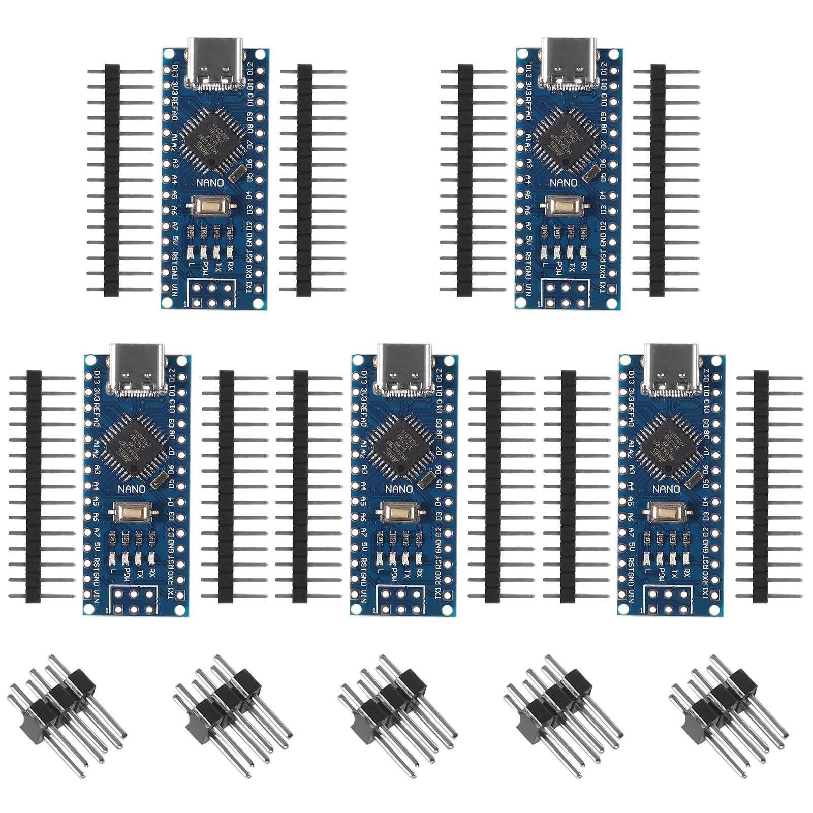 AITRIP 5pcs Nano V3.0 Nano Board ATmega328P CH340 5V 16M Microcontroller Board, USB Type-C, Compatible with Arduino