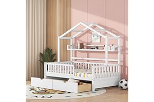 HARPER & BRIGHT DESIGNS Twin House Bed with 2 Drawers, Wood Kids Bed Frame with Storage Shelf, Twin Size Montessori House Bed with Rails for Kids Girls, Boys,No Box Spring Needed,White