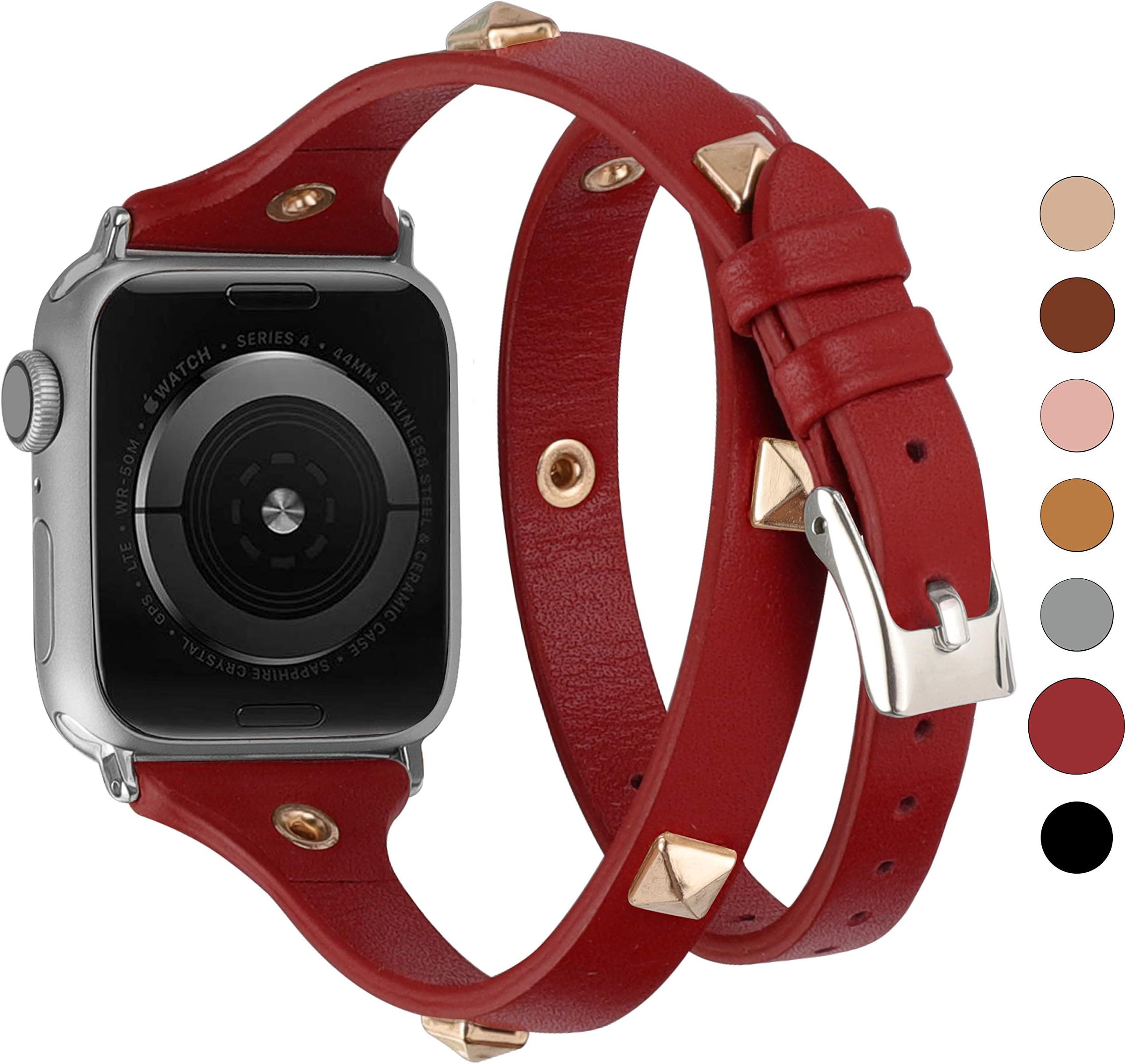 Glebo Leather Double Wrap Band Compatible for Apple Watch 42mm 44mm,Studded with Rose Gold Rivet Watch Bands Strap Compatible for iWatch Series 5 Series 4 Series 3 Series 2 Series 1(Red)