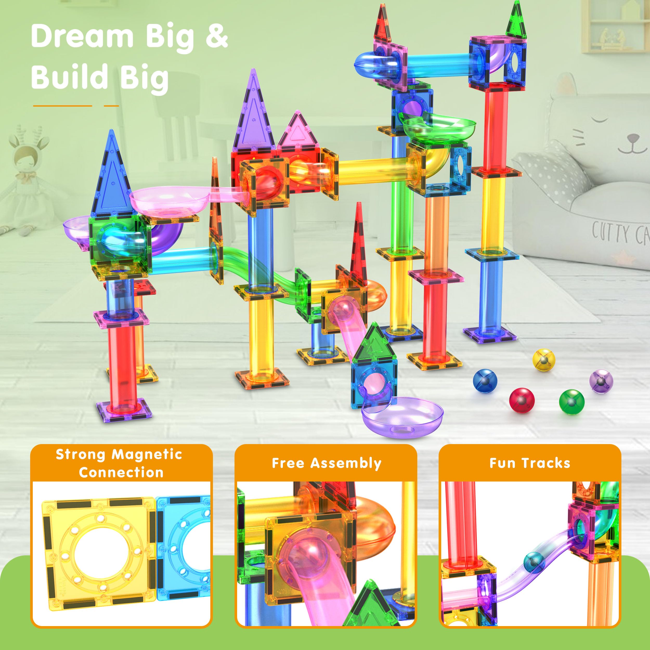 PicassoTiles 150pc Magnetic Marble Run Track Set STEM Construction Toy with Slides Ramps and Tubes Educational Magnet Tile Building Kit Kids Age 3 Plus Learning Gift for Boys Girls Preschool PTG150