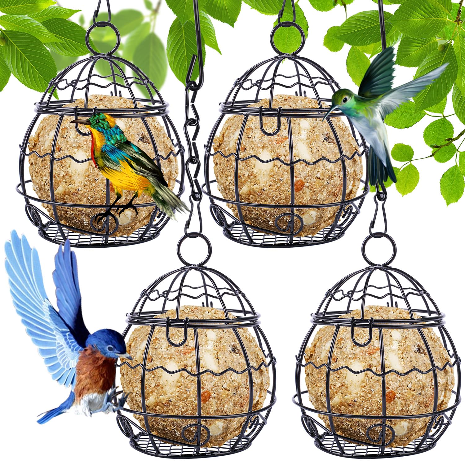 Fzyisw 4Pcs Fat Ball Feeder, Bird Feeders Hanging, Metal Fat Ball Bird Feeder Holder with 4 S-Shaped Hooks, Fat Ball Feeder for Feeding Outdoor Garden Wildlife Birds