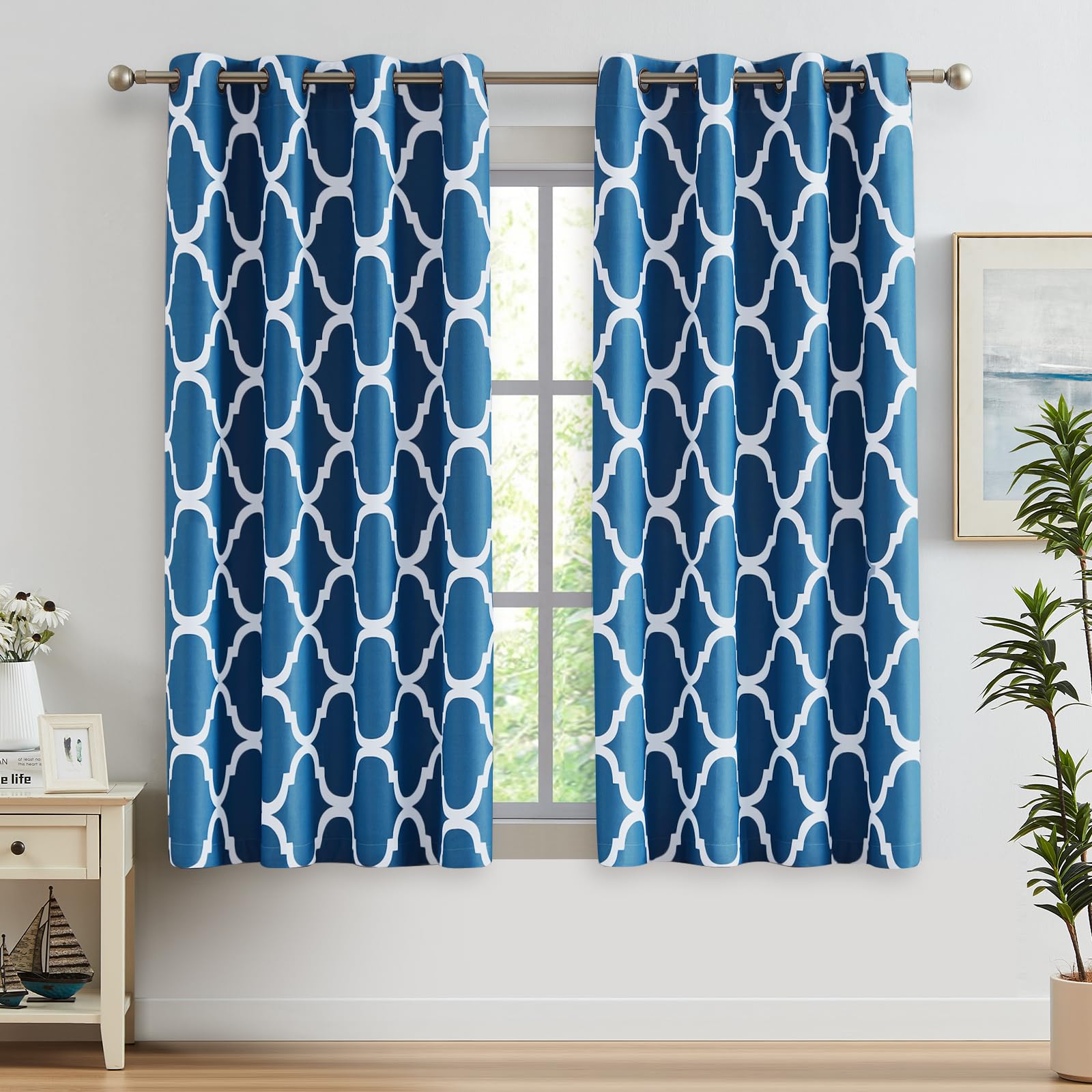 Melodieux Moroccan Printed Room Darkening Blackout Grommet Curtains for Living Room Bedroom, 52 by 63 Inch, Royal Blue (2 Panels)