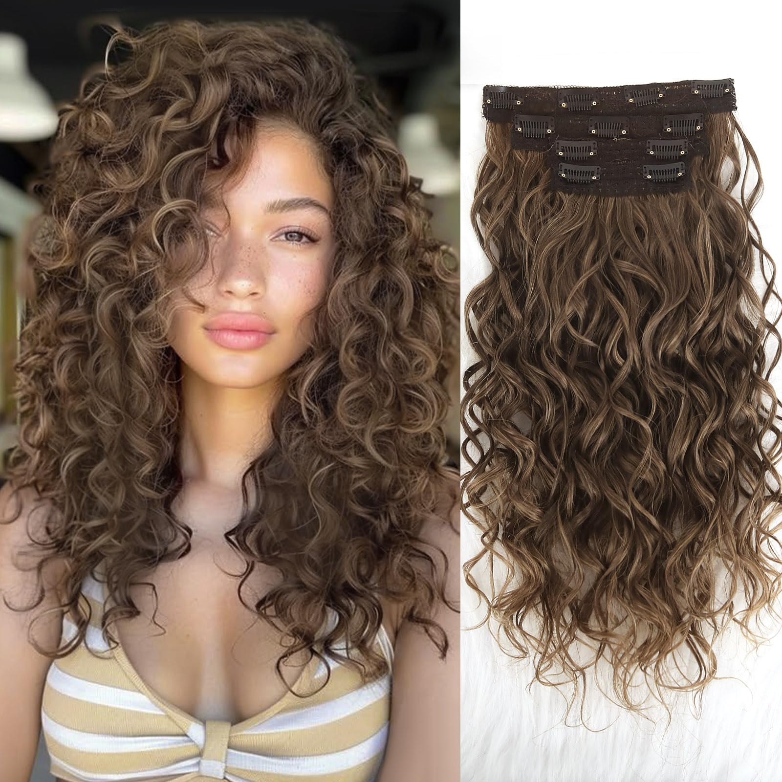 Photo 1 of Clip in Hair Extensions,LEOSA 4PCS 16 inch Curly Hair Extensions Short Soft Natural Hairpiece Lace Weft Curly Wave Clip Ins Extensions Invisible for Women,Medium Brown