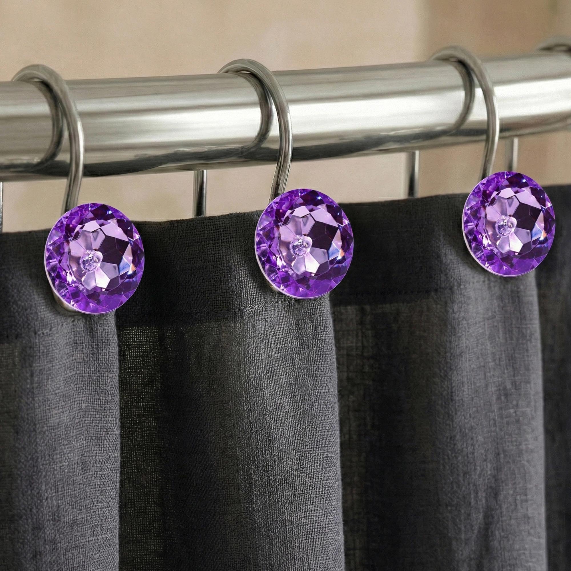Purple Crystal Shower Curtain Hooks: Lavender Bling Glitter Sparkle Shiny Round Diamond Decorative Shower Curtain Hooks for Christmas & Holidays - Luxury Curtain Rings & Hangers - Set of 12