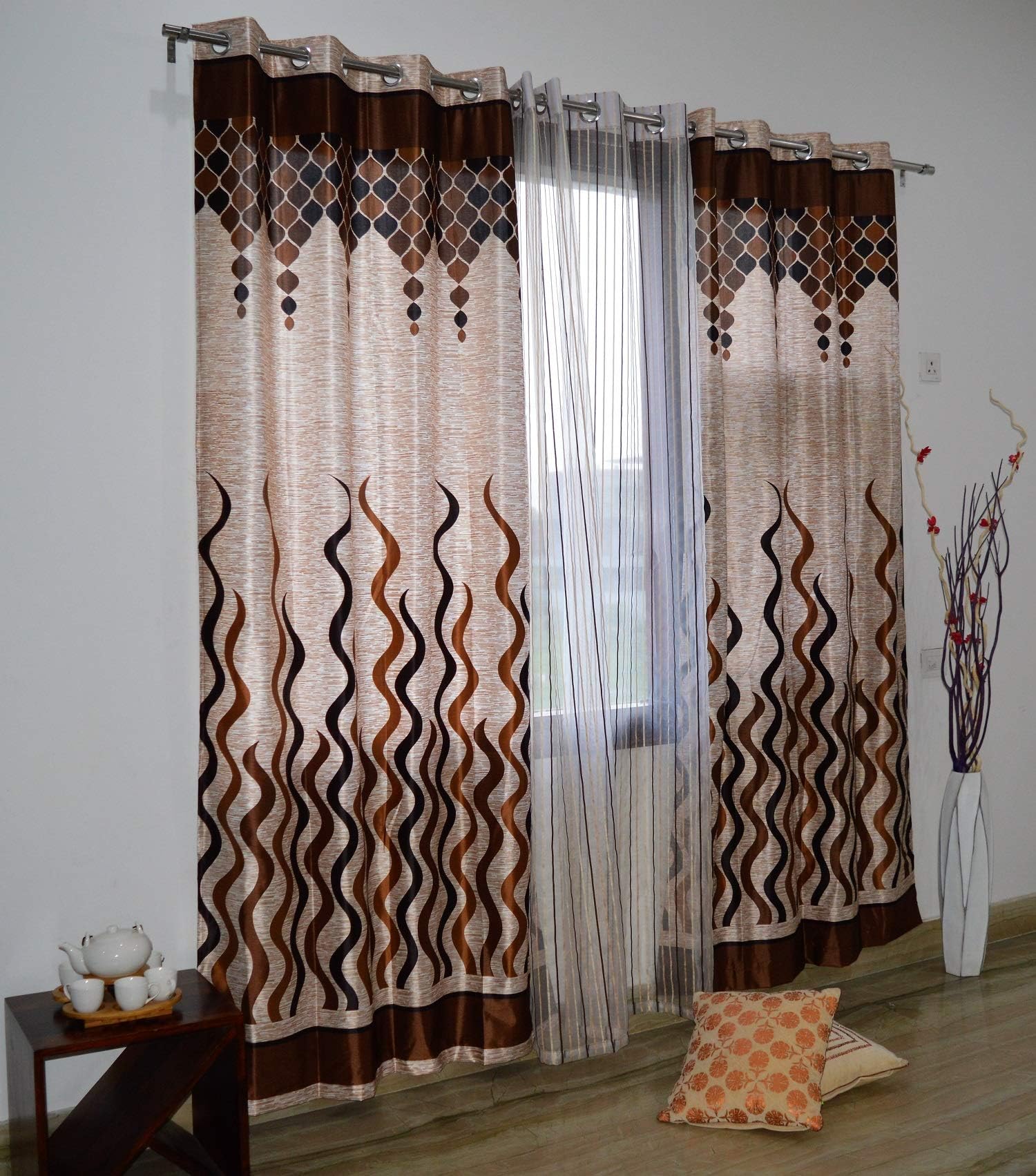 Home Sizzler 3 Piece Eyelet Polyester Long Door Curtain Set - 9 ft, Brown