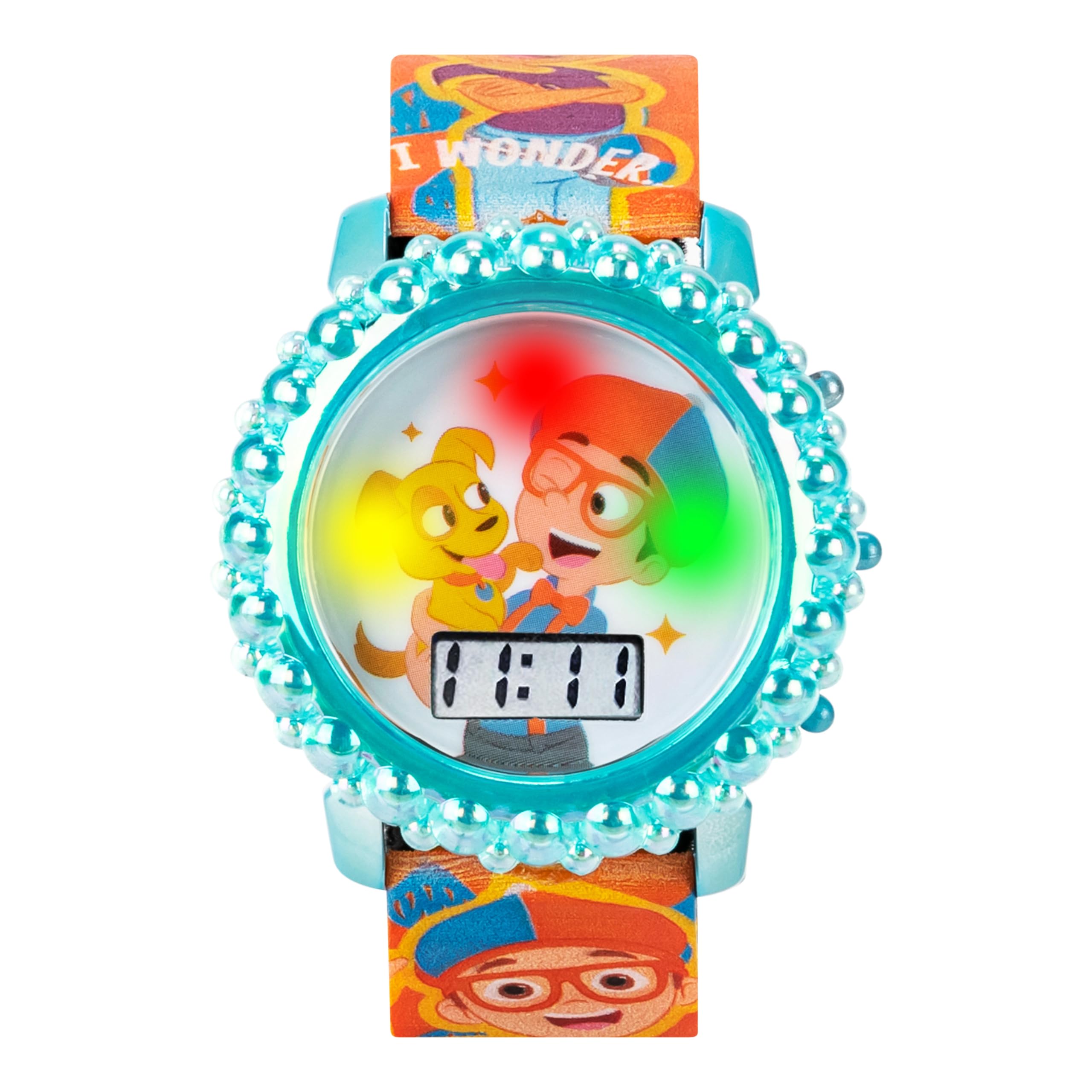 Accutime Blippi Educational LCD Watch for Kids - Flashing LED Lights, Colorful Learning Accessory, Comfortable Strap, with Bonus Gift Tin