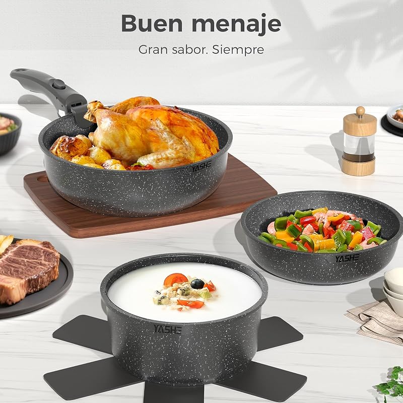 Conjunto de panelas e frigideiras 15 peças, revestimento em granito antiaderente, pegas amovíveis, empilháveis, fáceis de limpar, compatível com indução, fogão a gás e cerâmico, branco