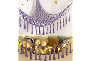 TCGPRO Stuffed Animal Hammock Corner with LED Light - Toy Storage Hammock Plushie Net Organizer - Teddy Bear Stuffy Hammock - Purple Nursery Decor Baby Kids Bedroom Nursery Furniture
