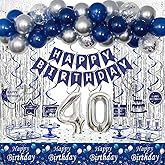 40th Birthday Decorations for Men, Blue and Silver 40th Birthday Party Decorations for Him, Happy Birthday Banner 40th Birthday Balloons Tablecloth Fringe Curtains Hanging Swirls Bday Party Supplies
