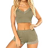 RSLOVE Pajamas Set Women's V-Neck Sleeveless Sleepwear PJ Set Soft Lace Cami Set with Short Pants Nightwear