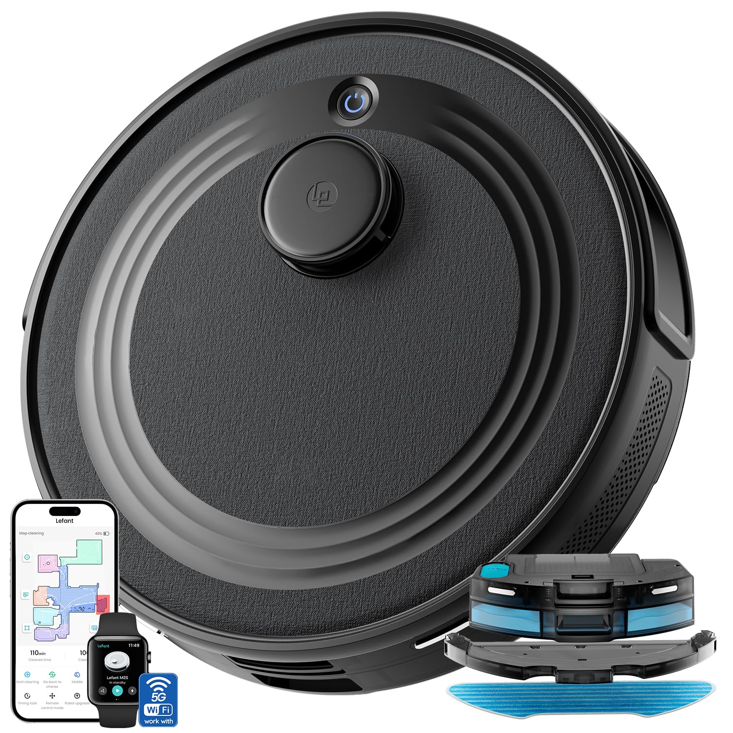 LEFANT M2S Saugroboter mit Wischfunktion, Automatische Teppicherkennung, Roboterstaubsauger mit No-Go-Zonen, 10000 Pa Starke Saugkraft für Tierhaare Teppiche, 240 Min Laufzeit, Schwarz