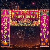 Moukeren 4 Pcs Diwali Decorations with 16.4ft String Lights 47.24 x 11.81 Inch Happy Diwali Hanging Porch Sign Indian Banner 39.37 x 19.69 Inch Indian Fiesta Backdrop Party Supplies