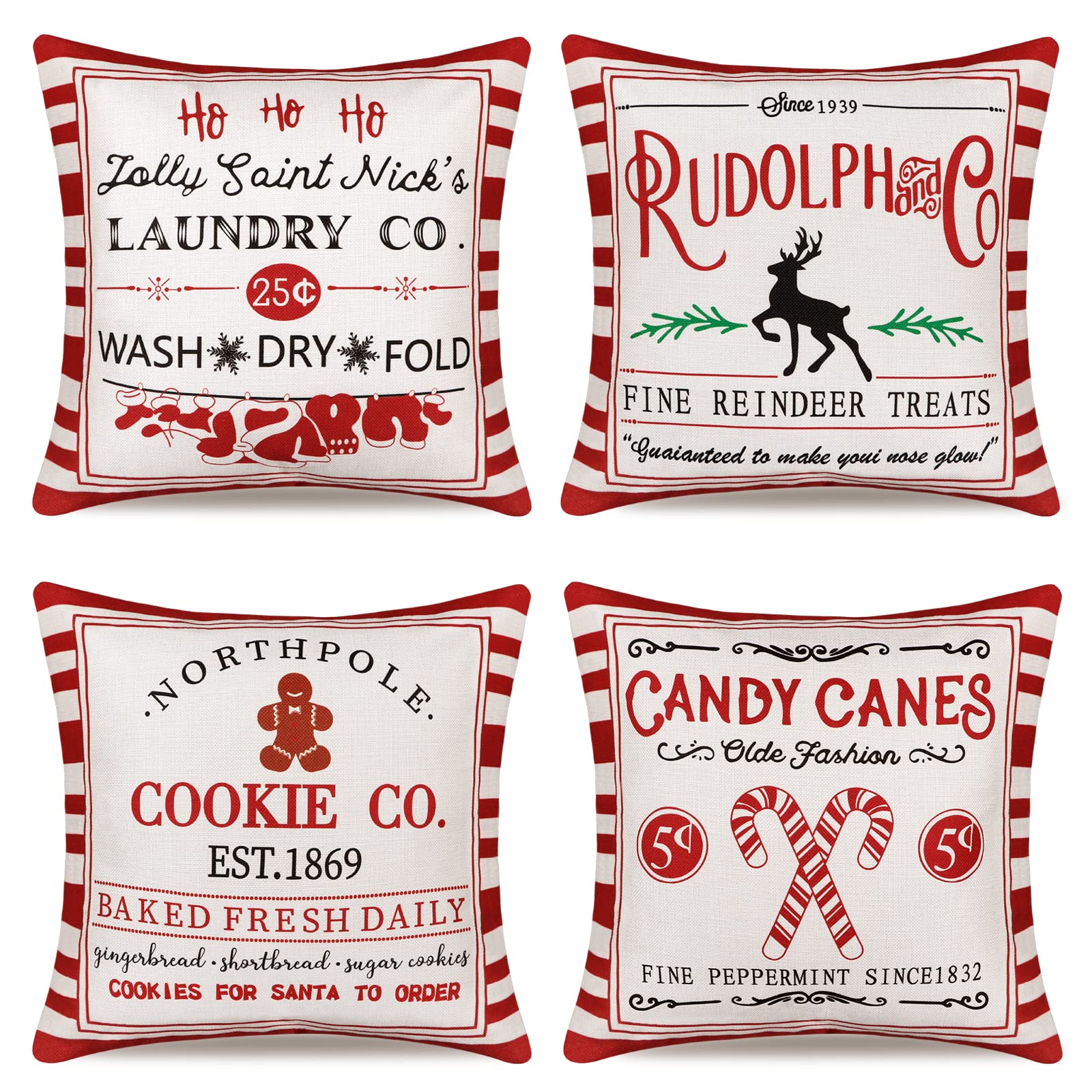 LOMOHOO Christmas Cushion Covers Set of 4, Winter Xmas Decorative Pillow Case Cover Sofa Living Room Decor (Stripe, 45 x 45 cm (Pack of 4))