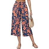LOMON Women's Linen Capri Pants Wide Leg with Drawstring Elastic Waist Casual Cropped Pant