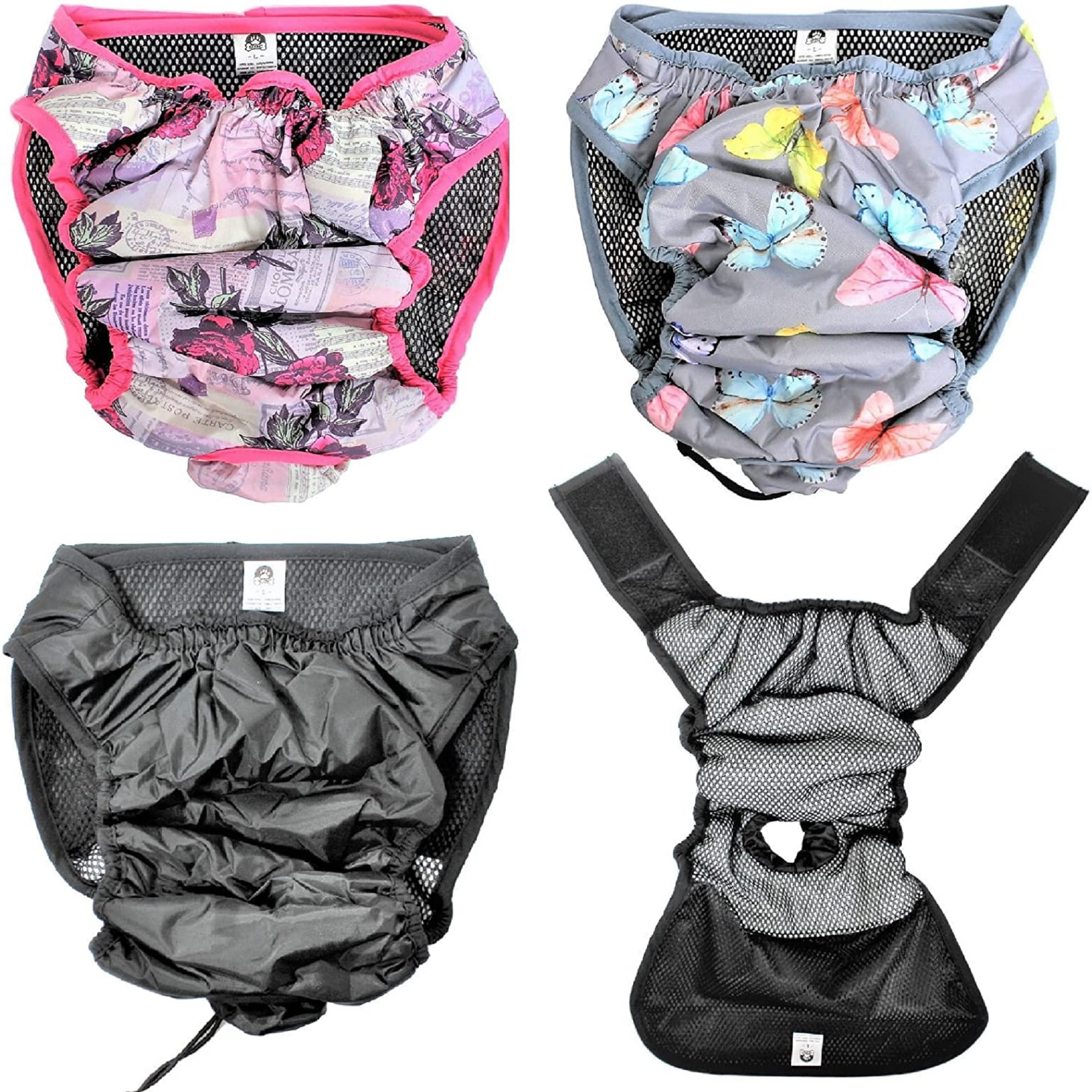 Leak Proof Waterproof Cat Dog Diapers Female Washable Reusable Absorbent Pad Padding Lined for Small Medium Large Pets (L: Waist 18" - 22", Pack of 2pcs Black)