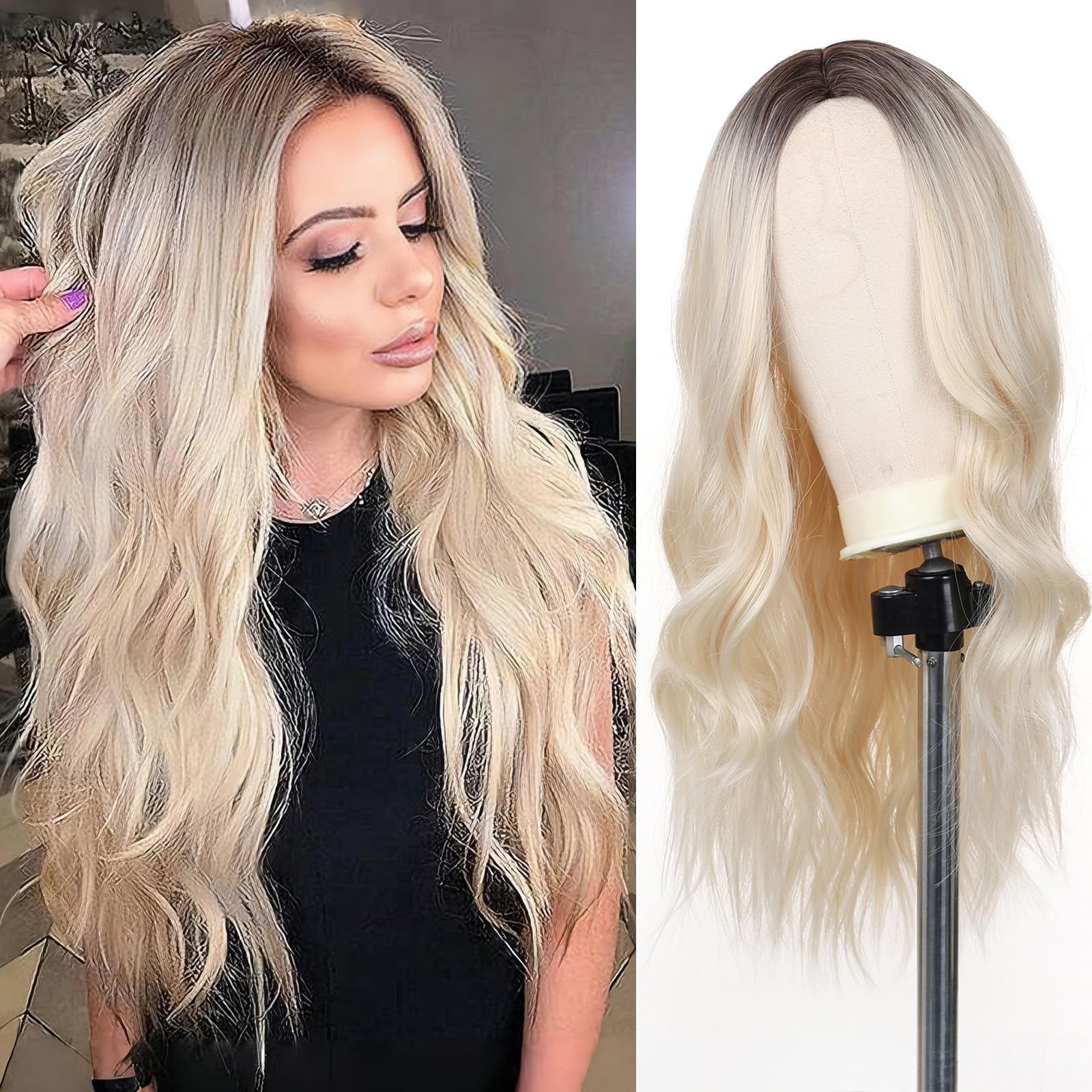 Esmee 26 Inches Long Blonde Wigs for Women Natural Synthetic Hair Ombre Blonde Wig with Dark Roots Synthetic Wig Loose Wavy Wigs Heat Resistant — image 1