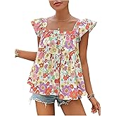 Floerns Women's Floral Square Neck Cap Sleeve Blouse Tie Back Flared Hem Peplum Top