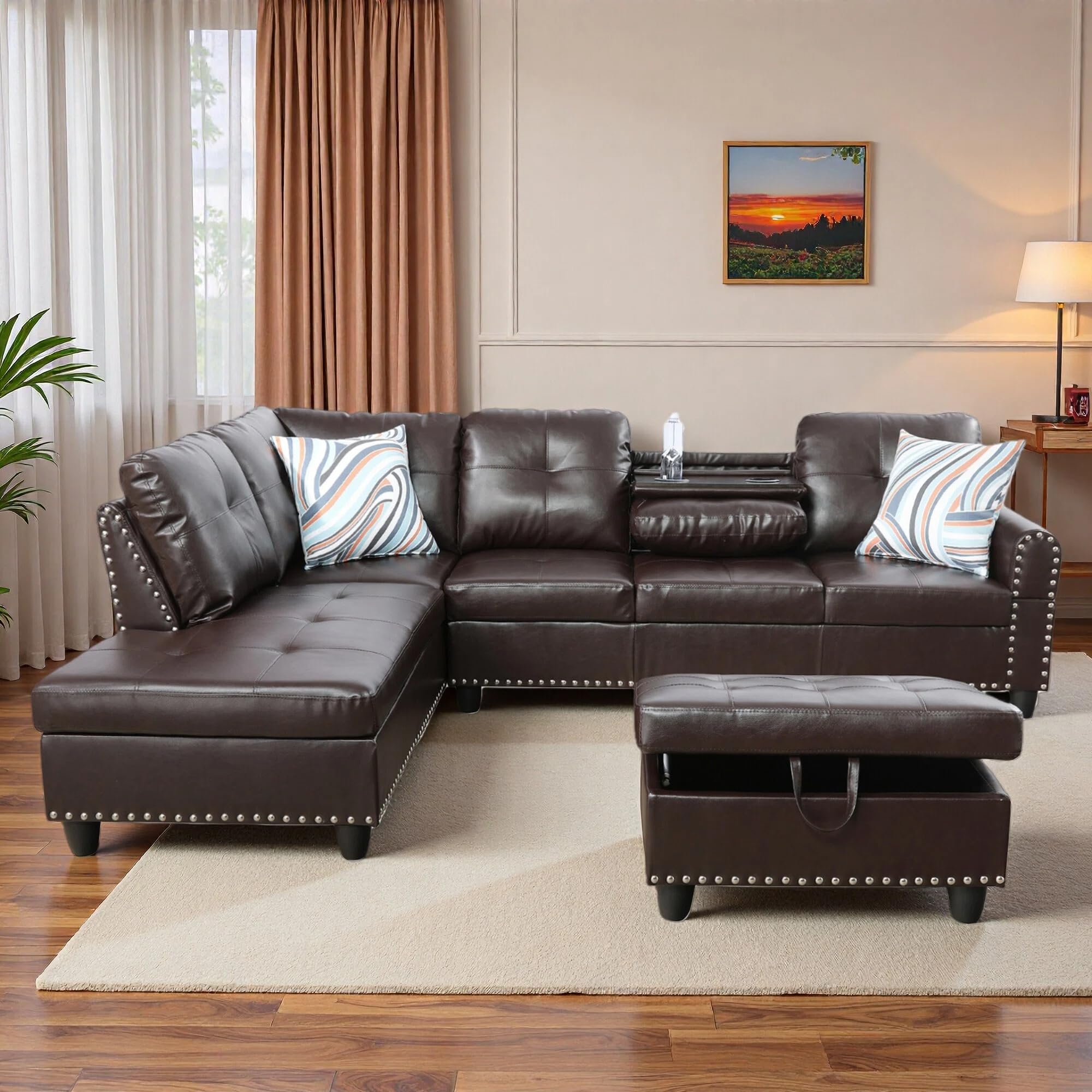 Photo 1 of Trygoal L-Shaped Sectional Sofa with Movable Chaise & Storage Ottoman, Leather 3-Piece Modular Convertible Couches for Living Room, Apartment & Office, Brown