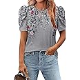 Zeagoo Blouse for Women Dressy Casual Puff Short Sleeve Boho Tops Fashion Floral Crew Neck Tunic Shirts Summer Clothes