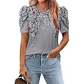 Zeagoo Blouse for Women Dressy Casual Puff Short Sleeve Boho Tops Fashion Floral Crew Neck Tunic Shirts Summer Clothes