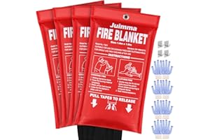 Juimma Emergency Fire Blanket for Home and Kitchen, 40" x 40" Fire Suppression Blanket with Gloves and Hooks, Extinguisher Blanket for Home Kitchen School Grill Car Office Warehouse, 4 Packs