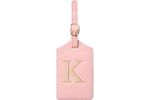 CHOIEO Initial Luggage Tag, PU Leather Luggage Tag, Embroidered Luggage Tag, Letter Luggage Tag, Monogrammed Luggage Tag, Luggage Tag for Baggage Bag Suitcase (K, Pink Leather+Champagne Gold Letter)